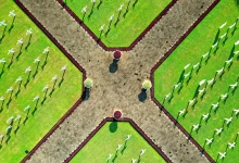Cemetery pathway with flowers, preparing for a graveside committal service.