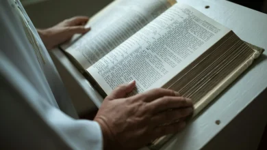 Bible open with highlighted verses for reflection.