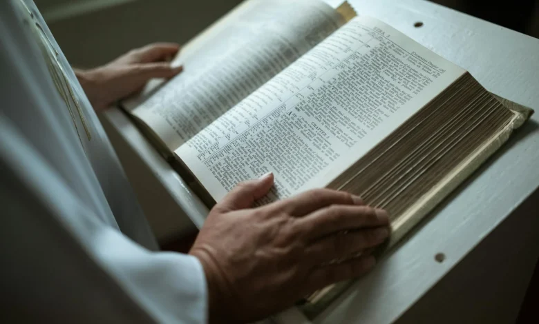Bible open with highlighted verses for reflection.